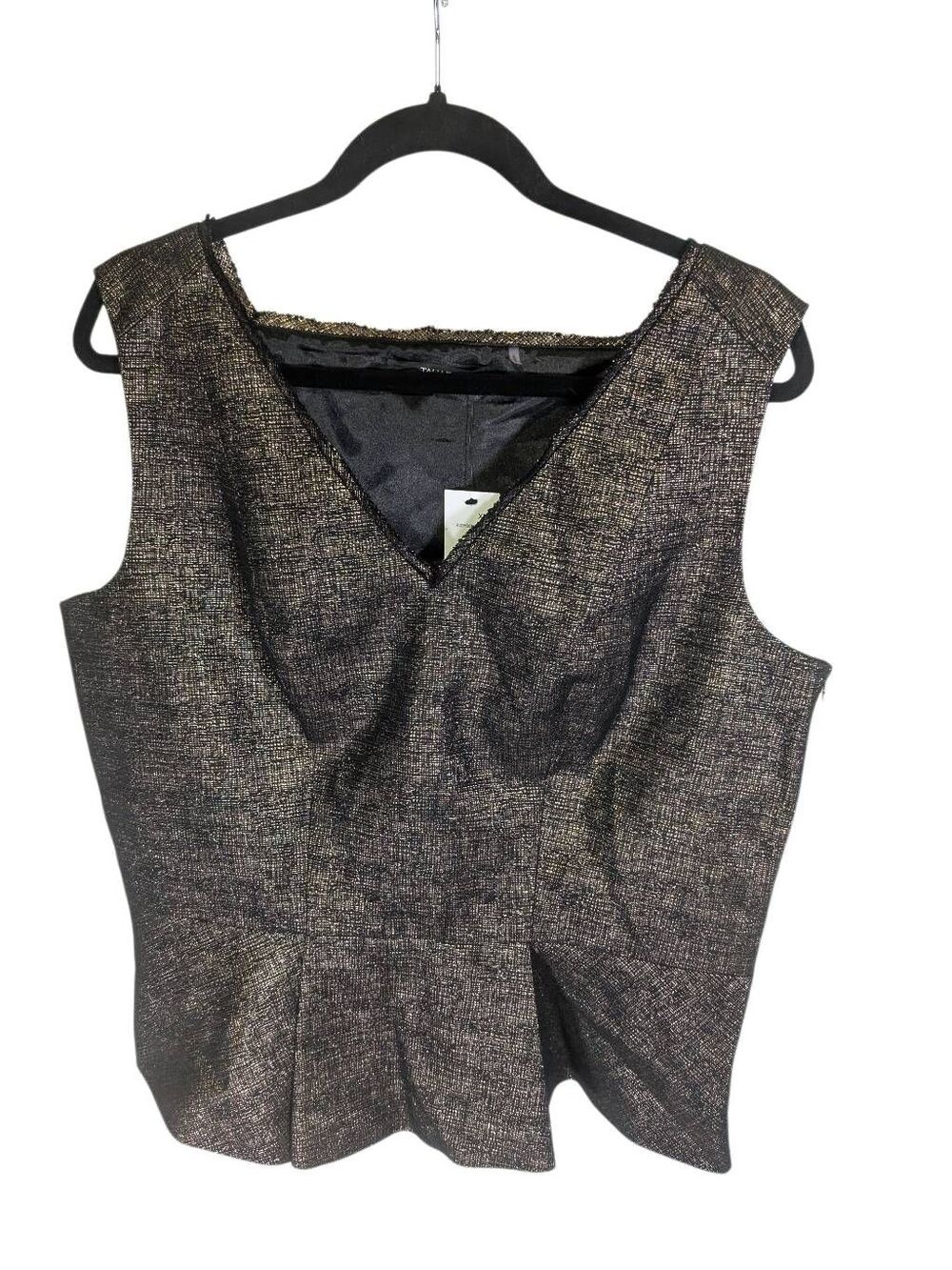 NWT Tahari ADDYSON Blouse Sleeveless V-Neck Peplum Top Tank Tunic Black/Gold Wom